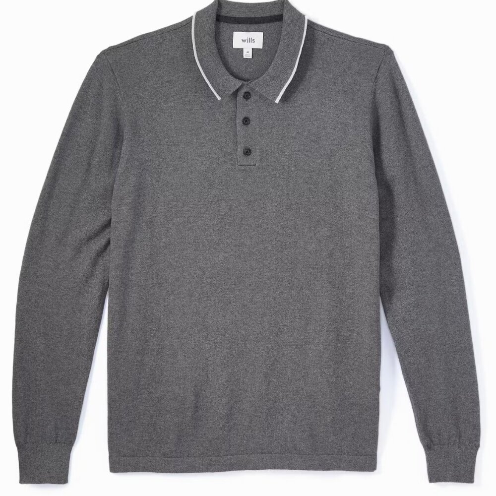 Huckberry Wills Cashmere Cotton Long Sleeve Polo Sweater, Ash XL